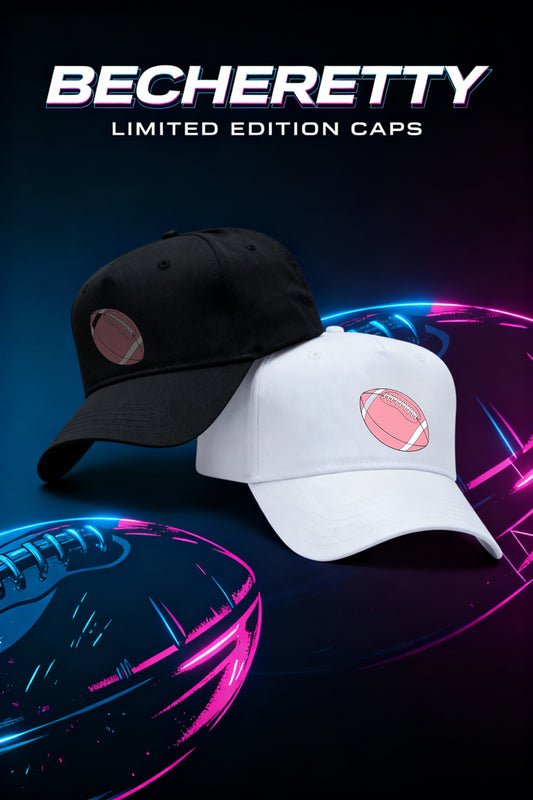 Two caps, one black and one white, with a football design on a dark background with neon lights.