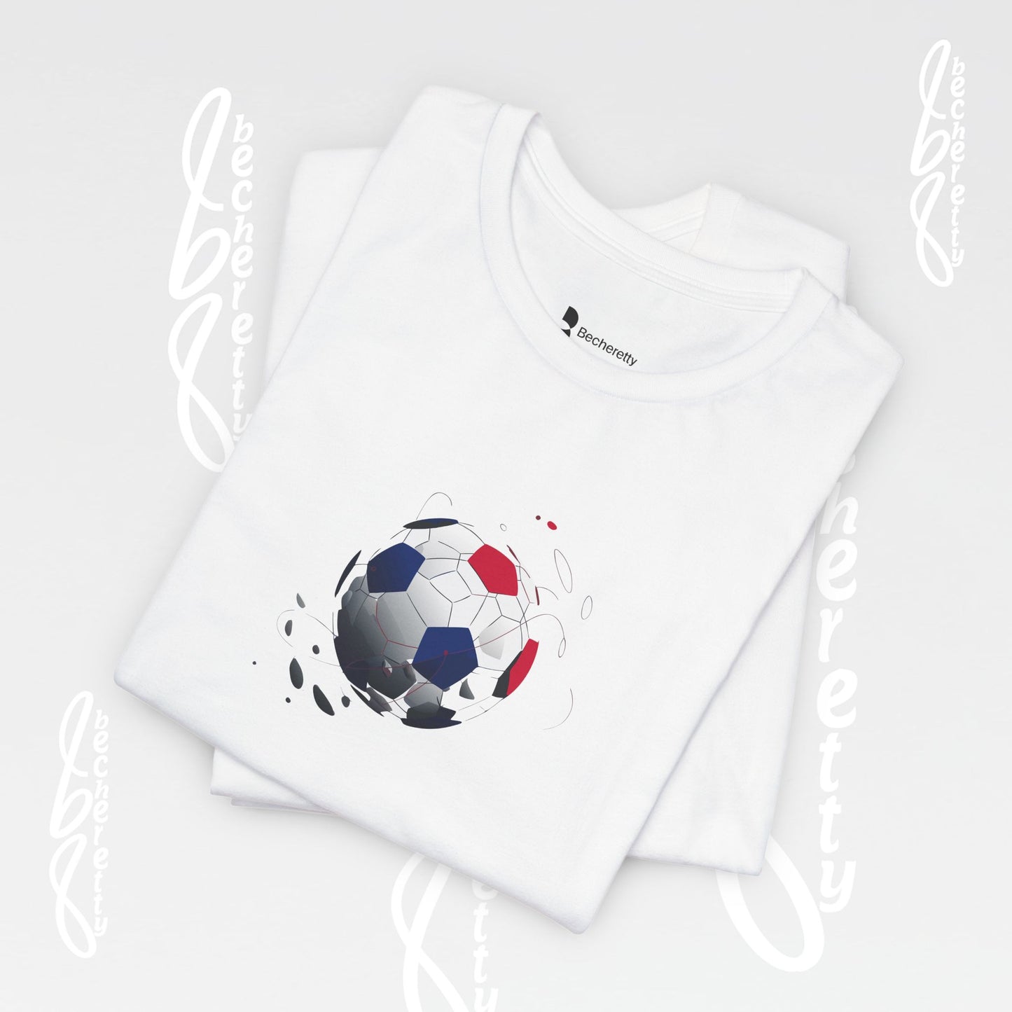 White t-shirt with soccer artistic soccer ball design on a light gray background