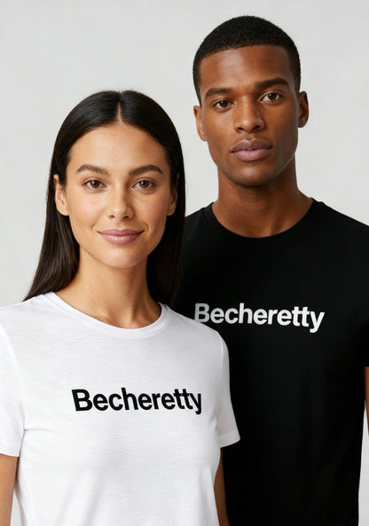 Two people wearing 'Becheretty' t-shirts on a plain background
