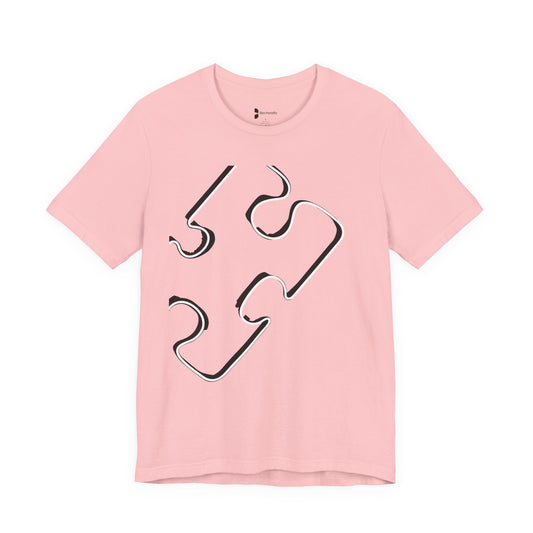 Pink t-shirt with a big outline design of a puzzle piece.