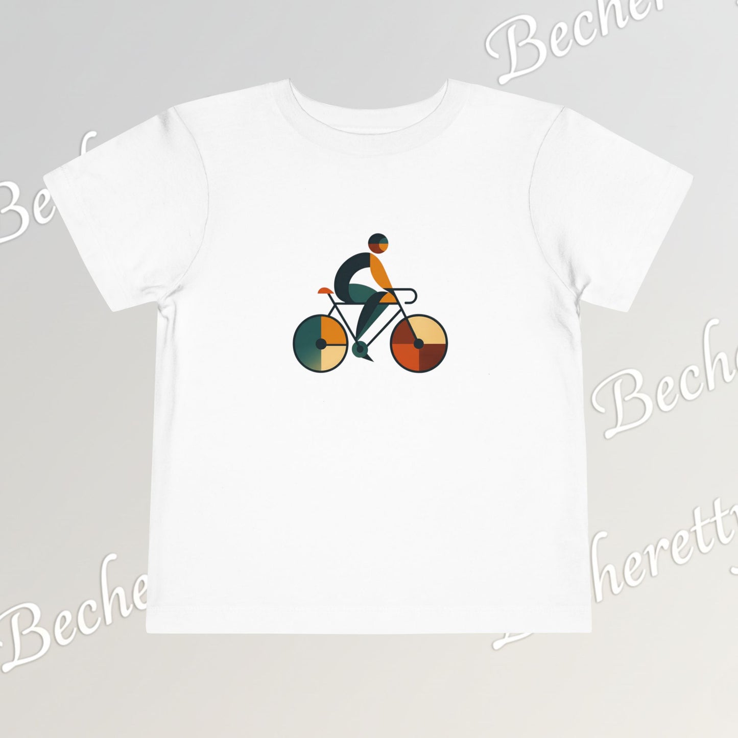 White t-shirt with a colorful graphic of a bike on a gray background