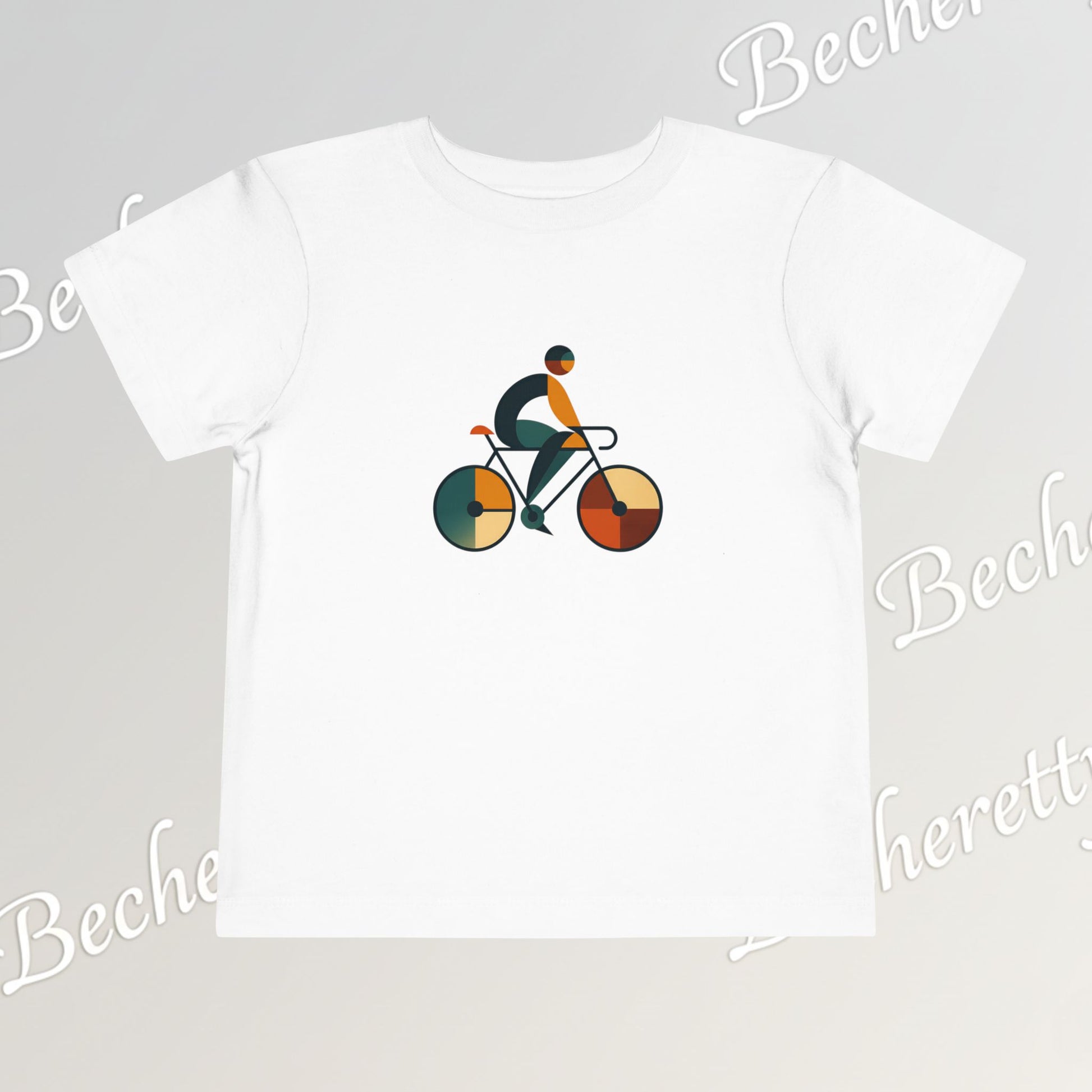 White t-shirt with a colorful graphic of a bike on a gray background