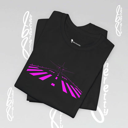 Black t-shirt with pink abstract tarmac airport design on a light gray background
