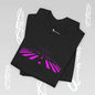 Black t-shirt with pink abstract tarmac airport design on a light gray background