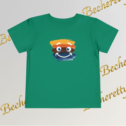 Green t-shirt with a colorful smiley face design on a light gray background