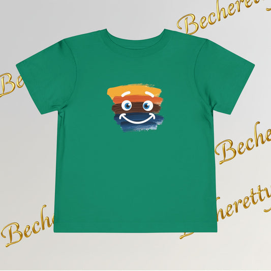 Green t-shirt with a colorful smiley face design on a light gray background