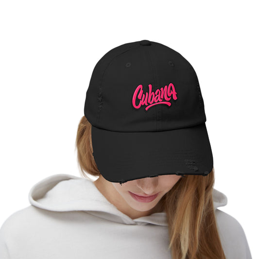 Black cap with pink text worn by a person on a white background