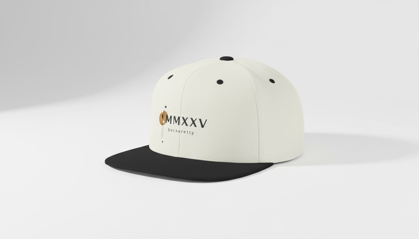 White and black cap with 'MMXXV' Becheretty, on a white background