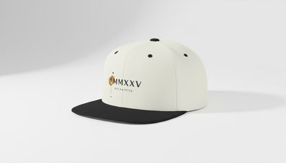 White and black cap with 'MMXXV' Becheretty, on a white background