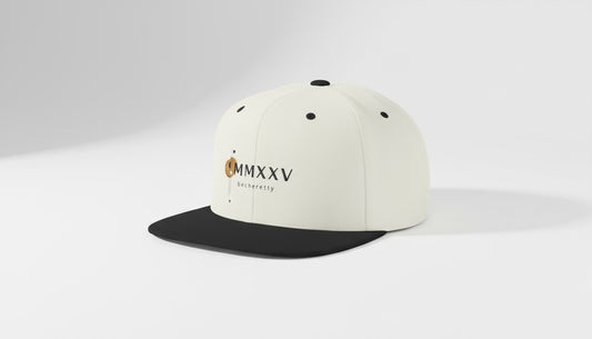 White and black cap with 'MMXXV' Becheretty, on a white background