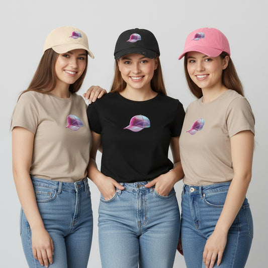 Three women wearing matching t-shirts and caps with a colorful graphic cap, on a plain background