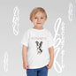 Child wearing a white t-shirt with a cartoon French Bulldog illustration and 'Becheretty name.