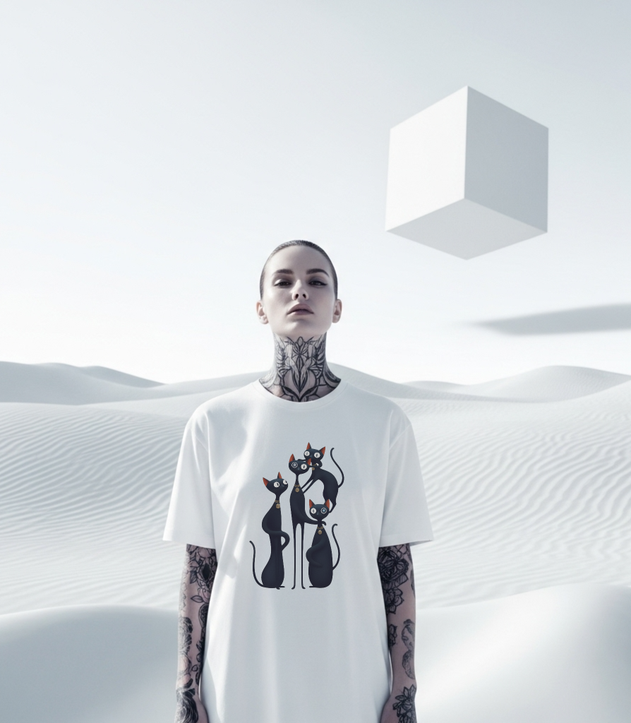 Person wearing a white t-shirt with black cat design in a desert landscape with a floating cube.