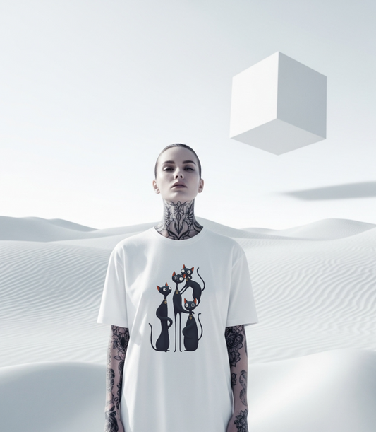 Person wearing a white t-shirt with black cat design in a desert landscape with a floating cube.
