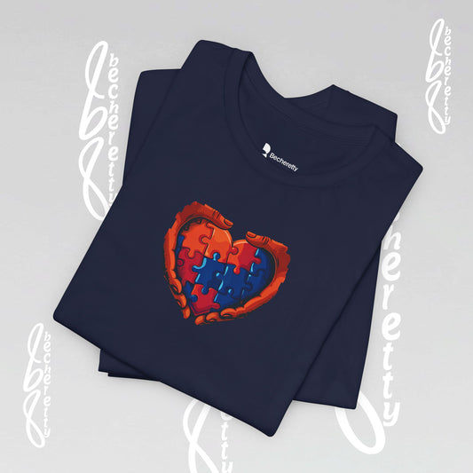 Navy blue t-shirt with a colorful heart-shaped puzzle design in red and blue, between two hands.