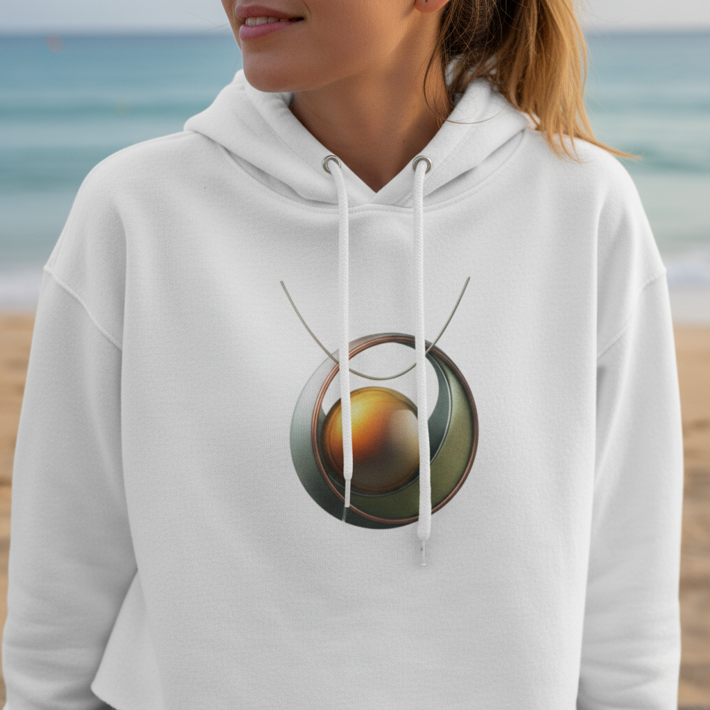 A woman wearing a white hoodie with an artistic necklace design on a beach