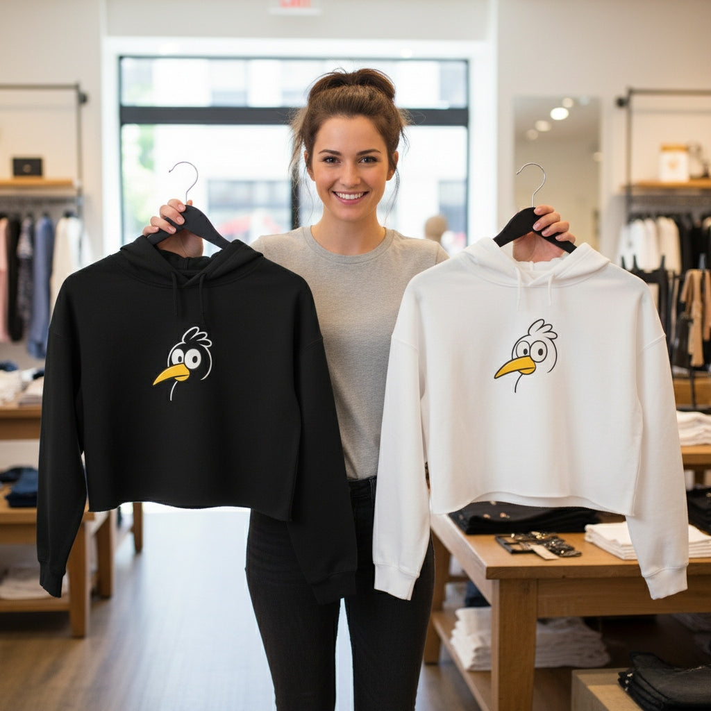 Woman holding two crop hoodies with cartoon bird designs, in a store.