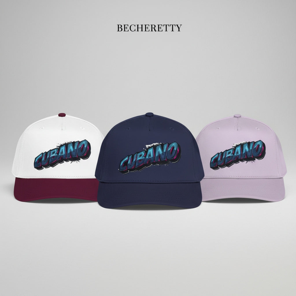 Three baseball caps with 'CUBANO' text on a gray background, branded 'BECHERETTY'.