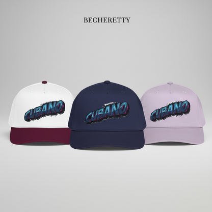 Three baseball caps with 'CUBANO' text on a gray background, branded 'BECHERETTY'.