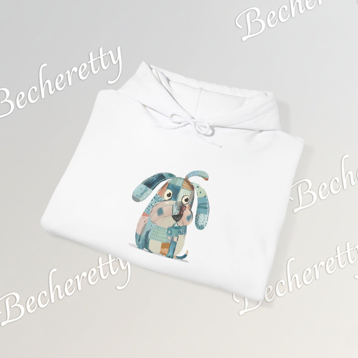 Folded white Hoodie with a colorful dog design on a light gray background, featuring the brand 'Becheretty'.