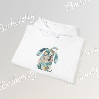 Folded white Hoodie with a colorful dog design on a light gray background, featuring the brand 'Becheretty'.