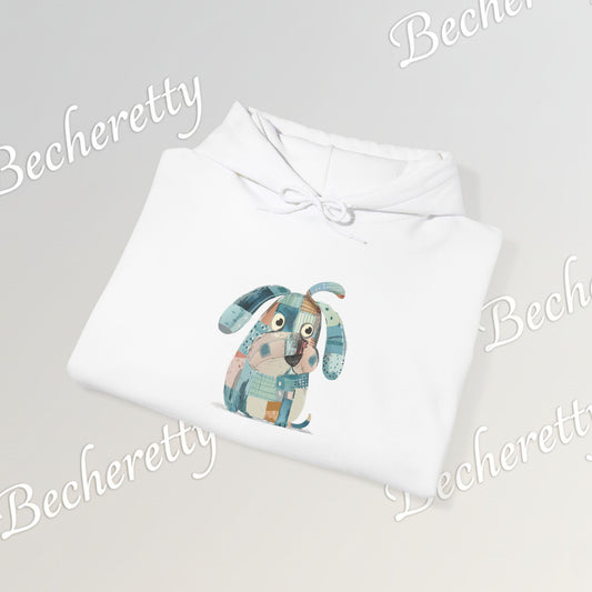 Folded white Hoodie with a colorful dog design on a light gray background, featuring the brand 'Becheretty'.