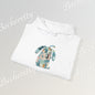 Folded white Hoodie with a colorful dog design on a light gray background, featuring the brand 'Becheretty'.