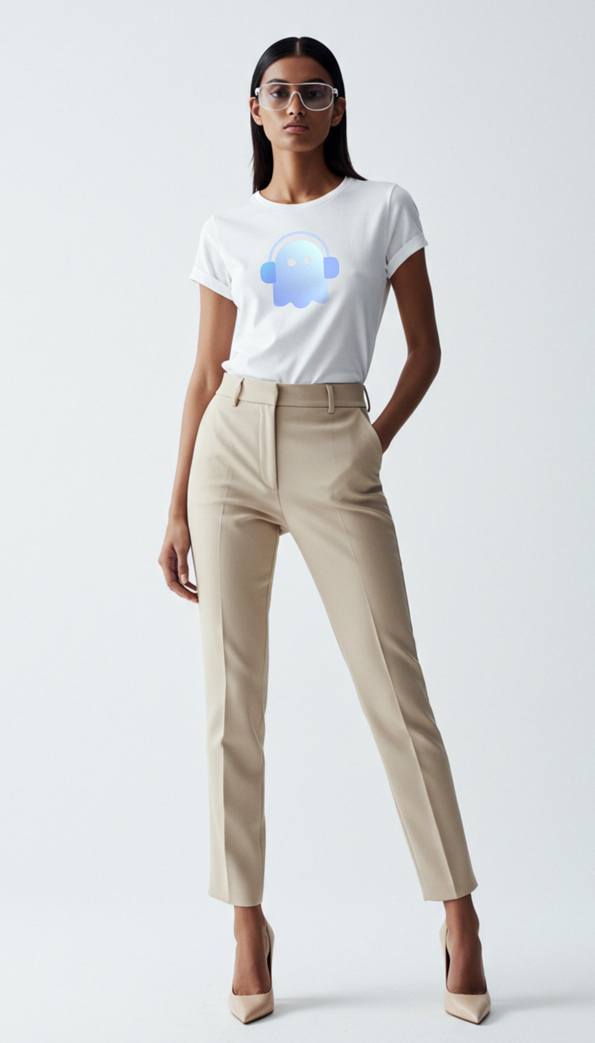 Woman wearing a white t-shirt with a blue graphic "A Ghost with headphone"