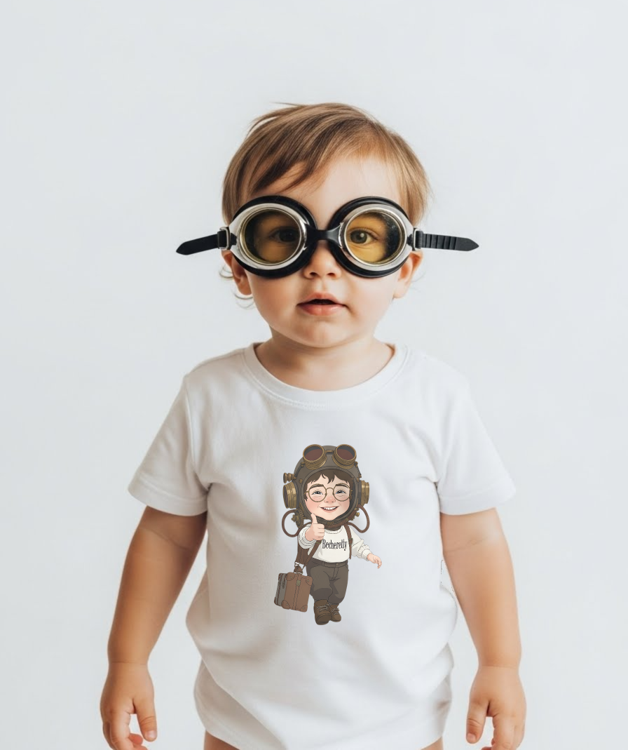 Child wearing a white t-shirt with a graphic design of a child with headphones and a suitcase, paired with large goggles.