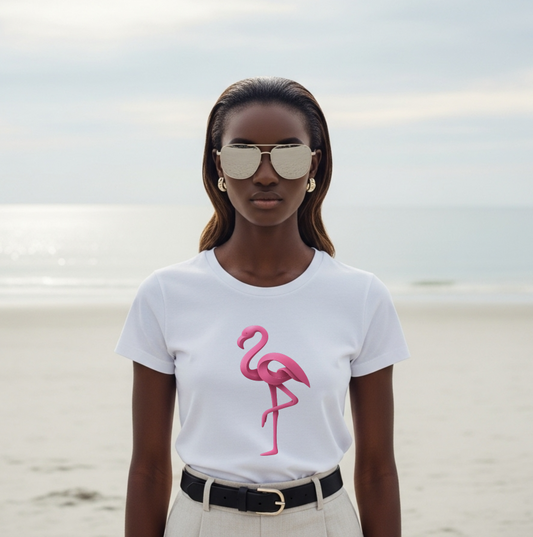 Woman wearing a white t-shirt with a pink flamingo design on a beach.