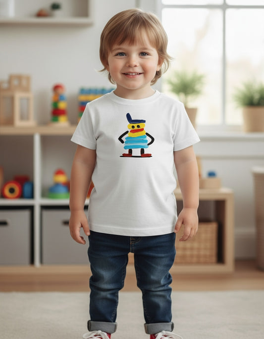 Child wearing a white t-shirt with a colorful graphic "Funny brush stroke" in a room with toys and furniture.