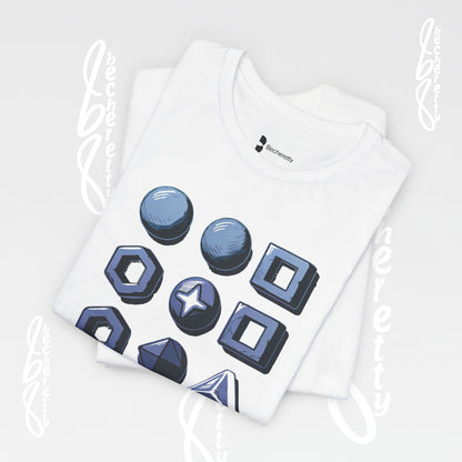 White t-shirt with blue geometric shapes design on a light gray background