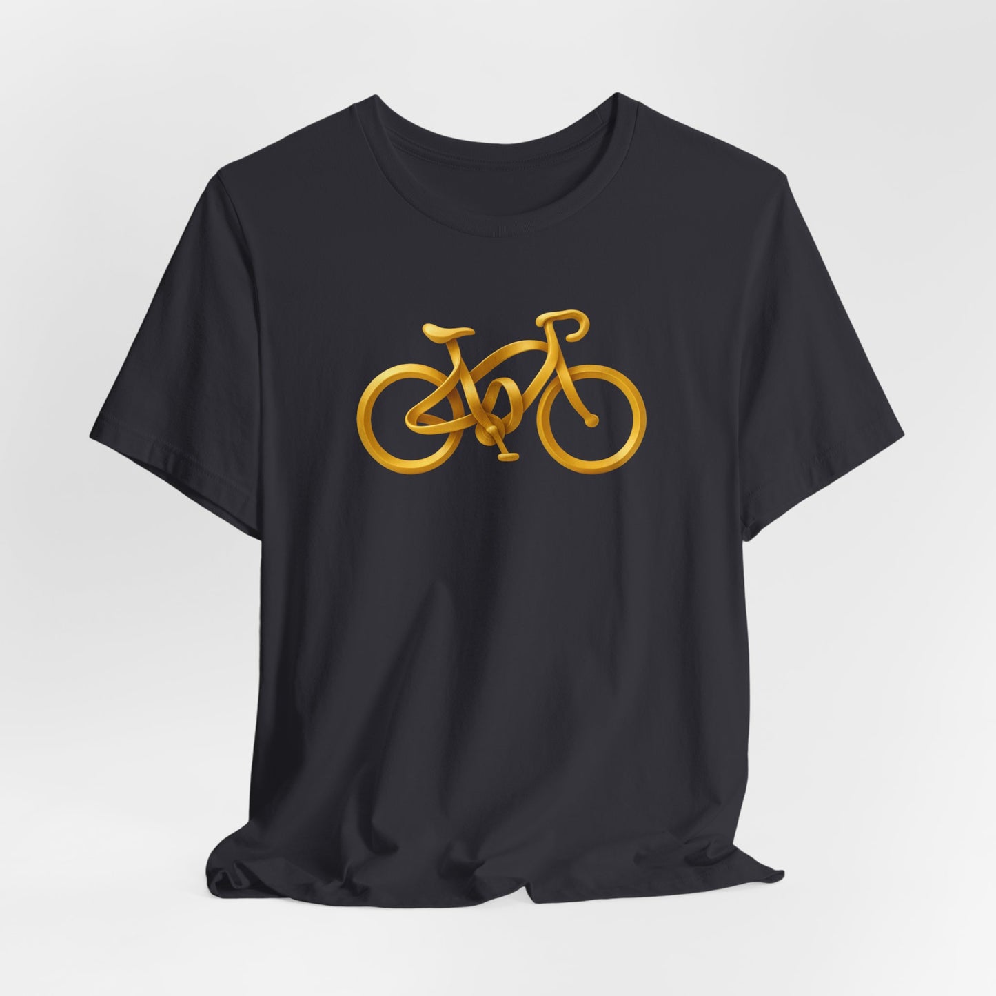 Black t-shirt with a gold bicycle design on a white background