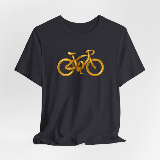 Black t-shirt with a gold bicycle design on a white background