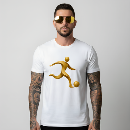 Man wearing a white t-shirt with a golden soccer silhouette graphic design on a plain background.