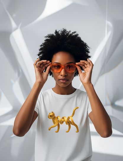 Person wearing a white t-shirt with an artistic golden cat design, holding orange sunglasses.