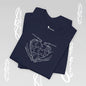 Navy blue t-shirt with a white puzzle heart between two hands, outline design style.

Details