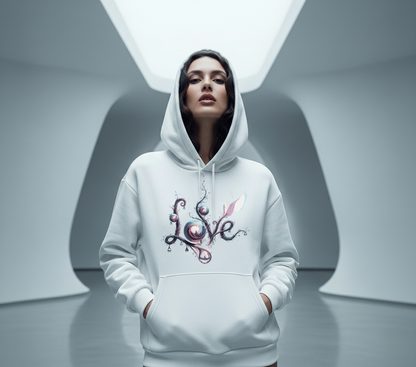 A woman wearing a white hoodie with 'LOVE' design in a surrealistic style.