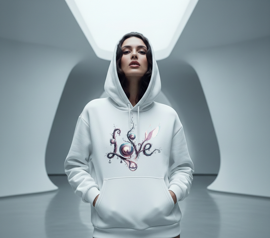 A woman wearing a white hoodie with 'LOVE' design in a surrealistic style.