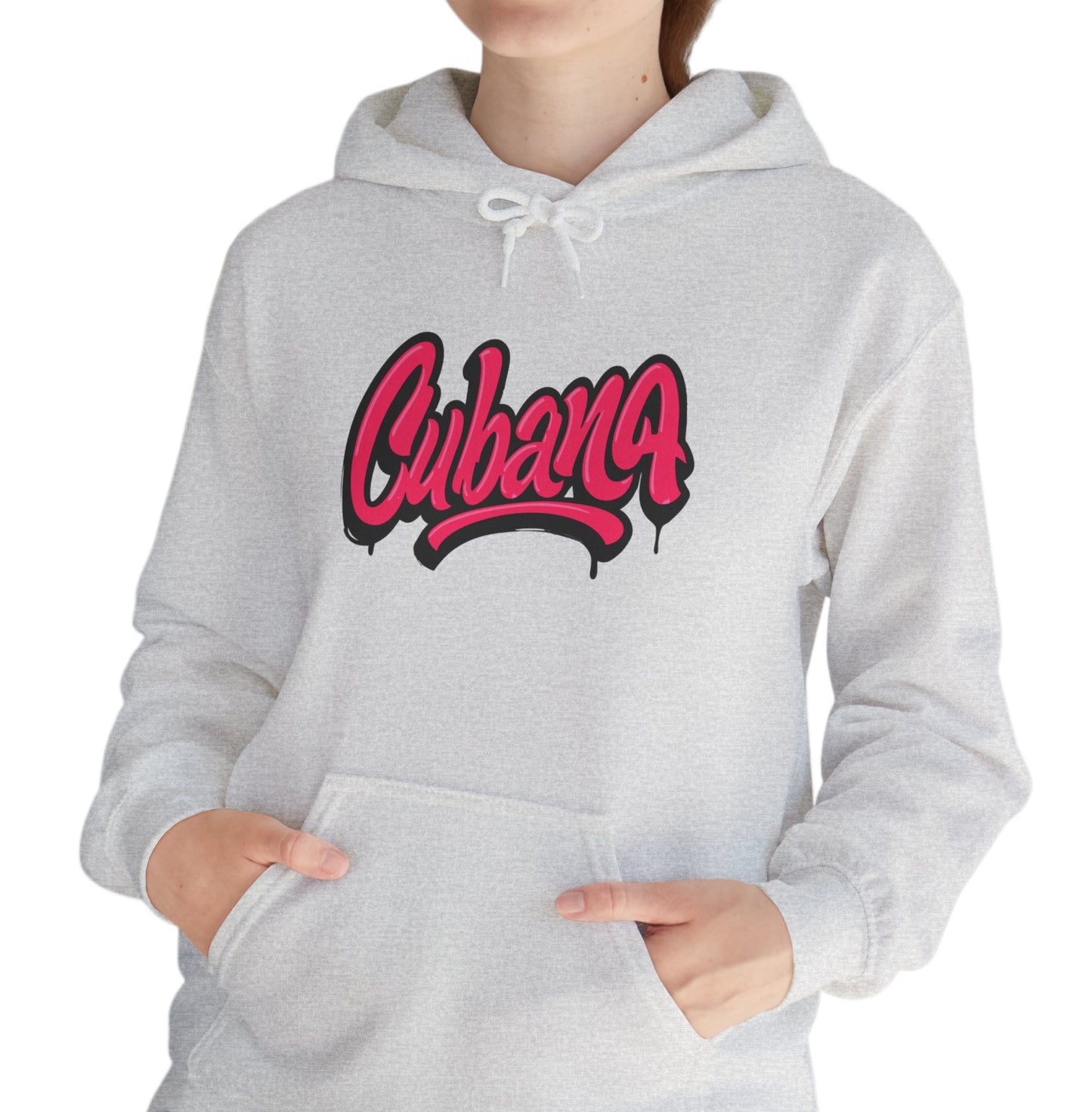 Gray hoodie with 'Cubana' text in pink and black on a white background