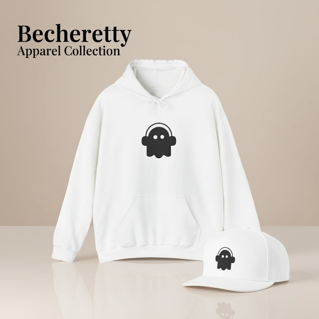 White hoodie and cap with black ghost with headphone, on a beige background, featuring 'Becheretty Apparel Collection'.
