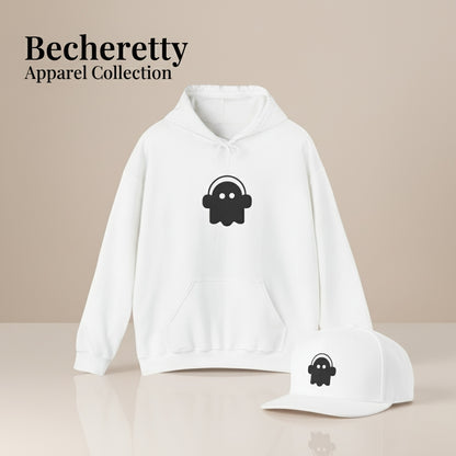 White hoodie and cap with black ghost with headphone, on a beige background, featuring 'Becheretty Apparel Collection'.