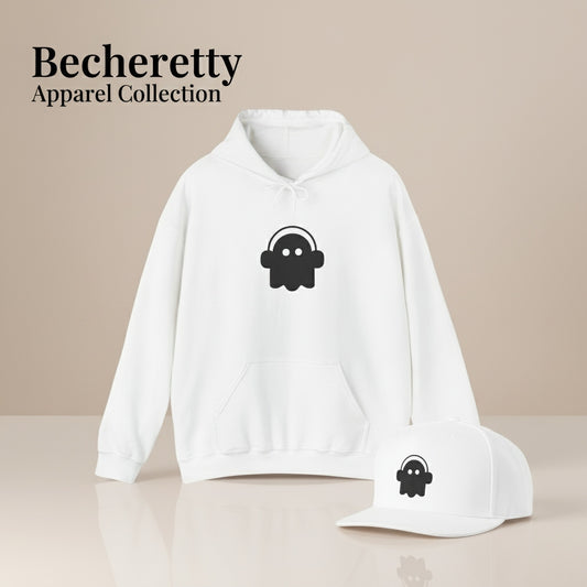 White hoodie and cap with black ghost with headphone, on a beige background, featuring 'Becheretty Apparel Collection'.