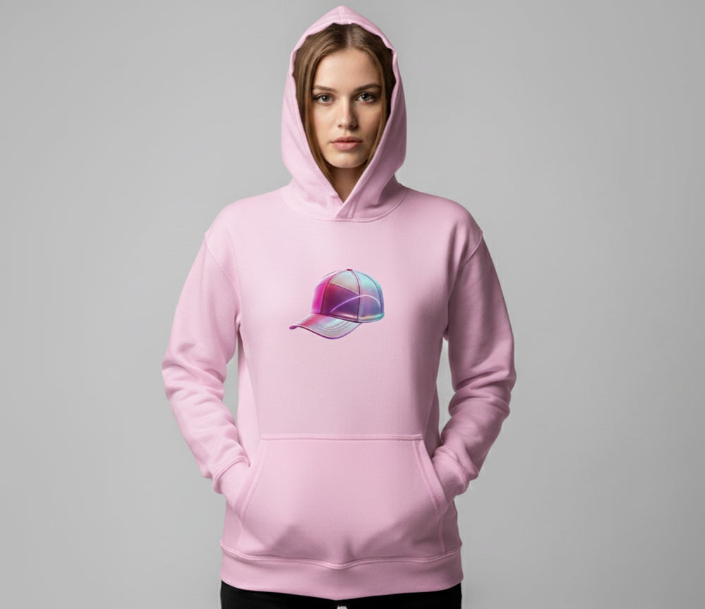 Person wearing a pink hoodie with a colorful graphic baseball cap, on a gray background