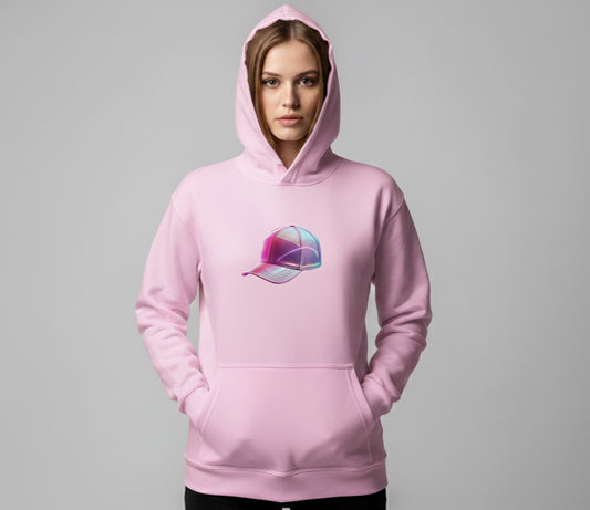 Person wearing a pink hoodie with a colorful graphic baseball cap, on a gray background