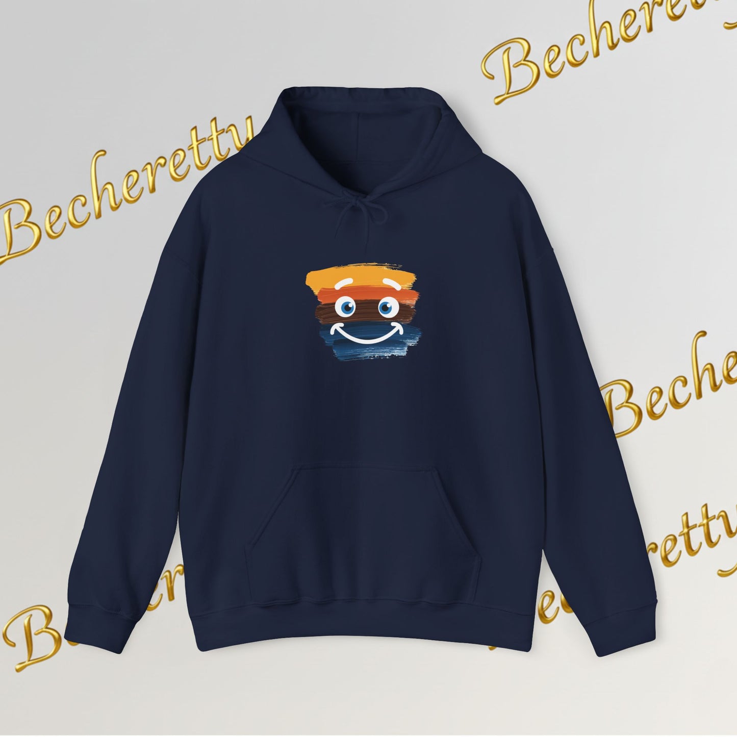 Navy blue hoodie with a smiley face design on a light gray background with 'Becheretty' branding.