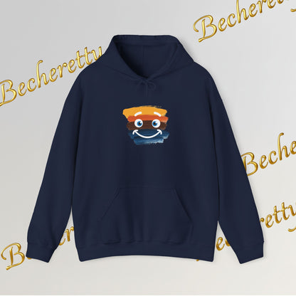 Navy blue hoodie with a smiley face design on a light gray background with 'Becheretty' branding.