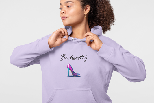 Hoodie with Artistic High heel graphic and Becheretty name - Original stylish, modern and casual wear.