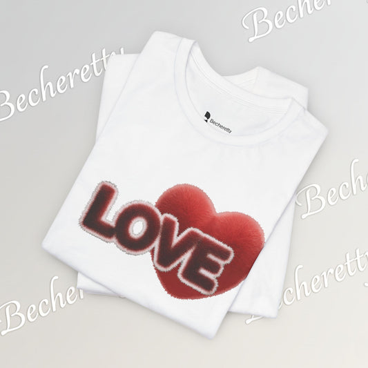 White t-shirt with red heart and 'LOVE' text on a light gray background, featuring the Becheretty brand.

Details