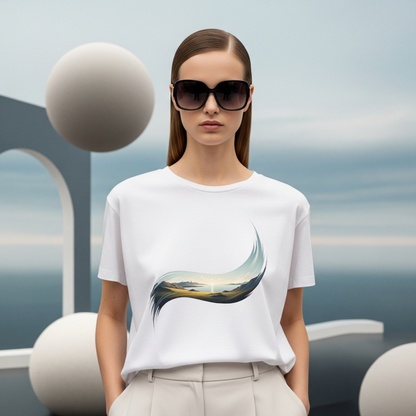 Woman wearing a white t-shirt with a brush Landscape graphic design in a modern indoor setting